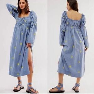 Free People Emory Embroidered Linen Maxi Dress Medium Blue Bohemian Prairie
